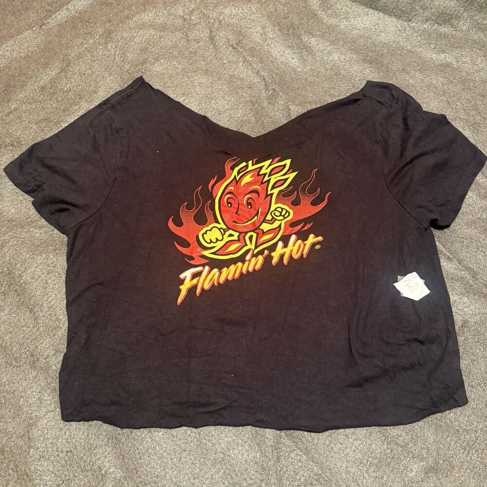 Flaming Hot Cheetos Womens Cropped TShirt L Large Black Hand Cut Short Sleeve